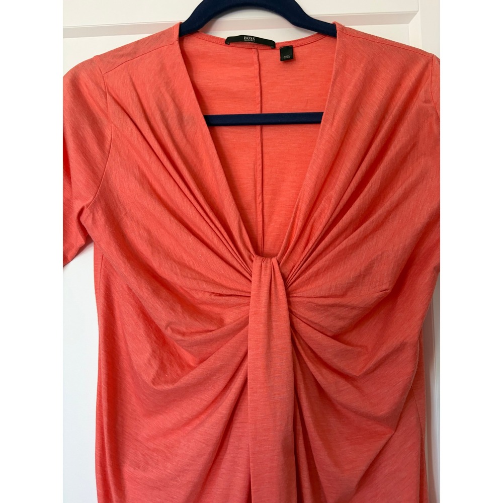 Hugo Boss Womens Coral Orange Twist Front V-Neck Short Sleeve Top Size Small